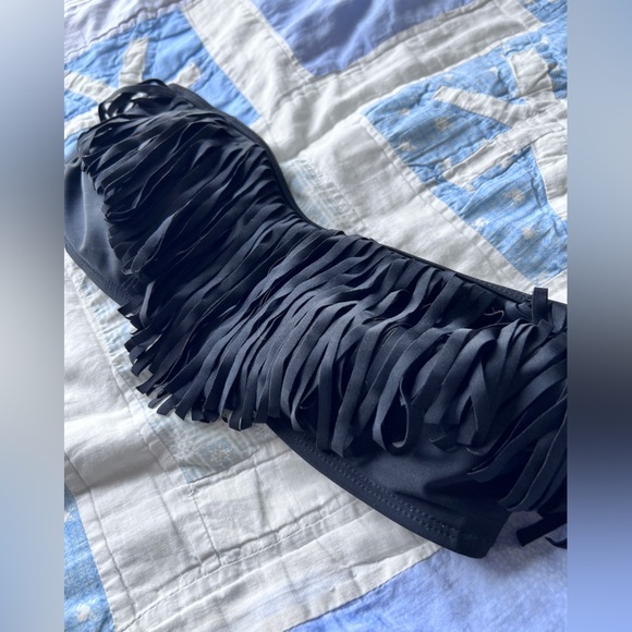 G21 Womens Black Fringe Bandeau Tube Bikini Top Medium - Picture 2 of 7